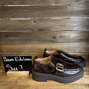 NIB Womens Sam Edelman Lora Chestnut Brown Leather Lug Sole Loafers Size 7 M